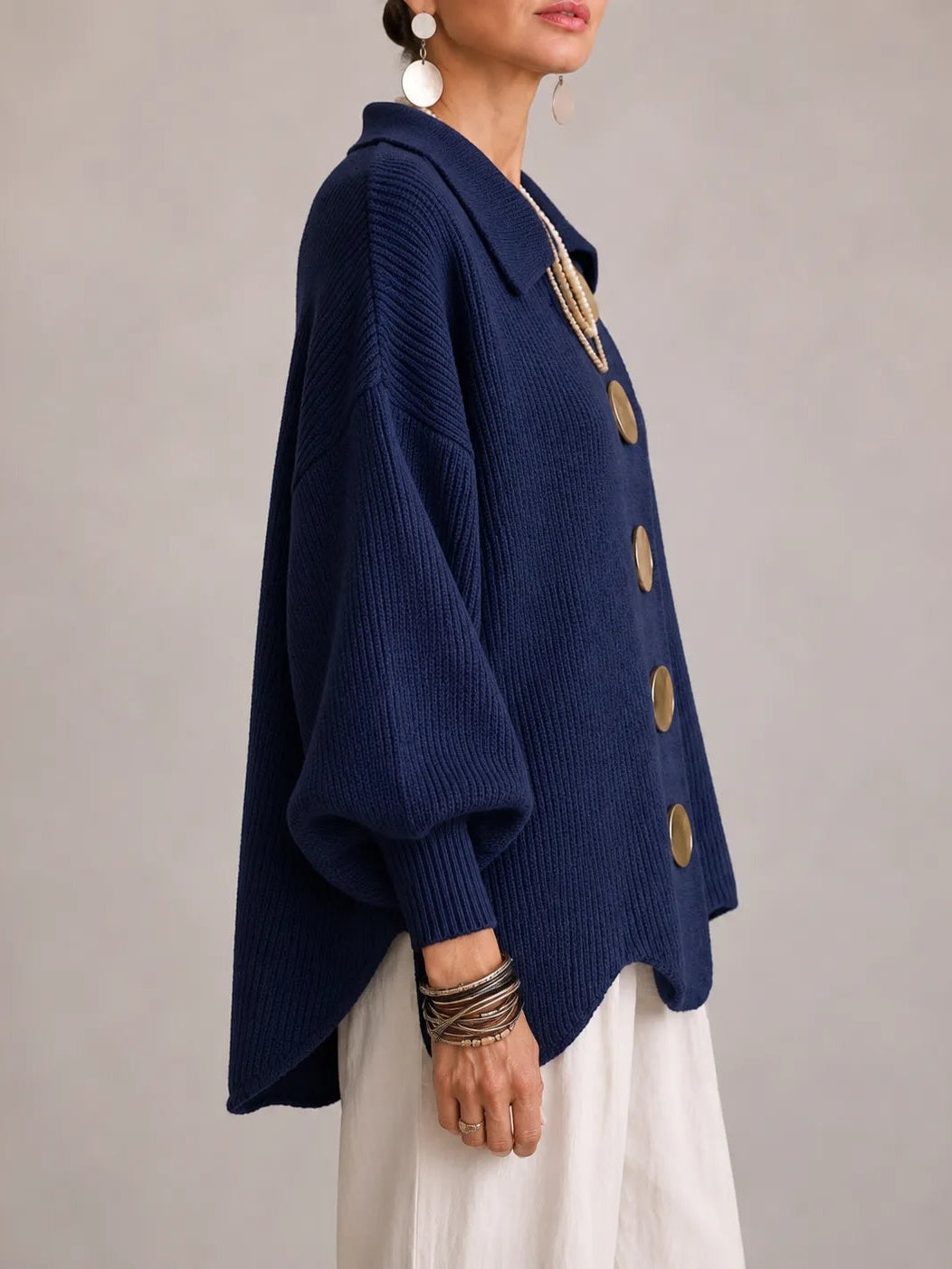 Milena | Casaco de Malha Oversize Canelado com Remate Festonado, Azul-marinho