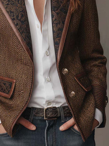 Gisela | Blazer em Tecido Espinha de Peixe com Lapelas Paisley, Castanho