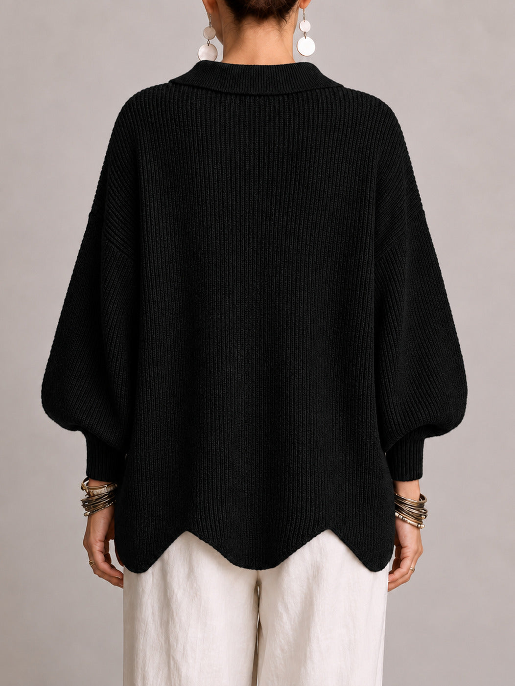 Madalena | Casaco de Malha Oversize Canelado com Remate Festonado, Preto