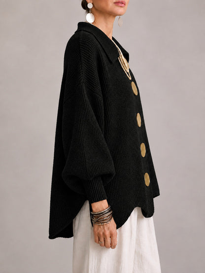 Madalena | Casaco de Malha Oversize Canelado com Remate Festonado, Preto