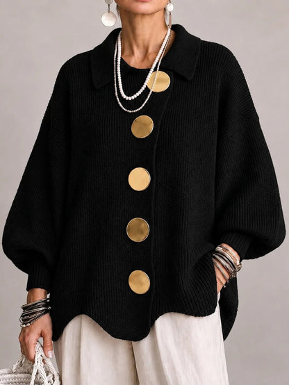 Madalena | Casaco de Malha Oversize Canelado com Remate Festonado, Preto