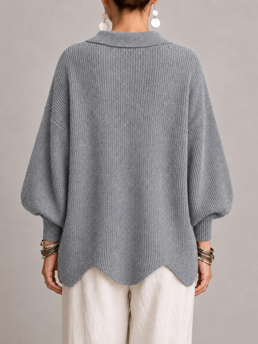 Rosana | Casaco de Malha Oversize Canelado com Remate Festonado, Cinzento