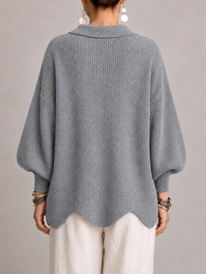 Rosana | Casaco de Malha Oversize Canelado com Remate Festonado, Cinzento