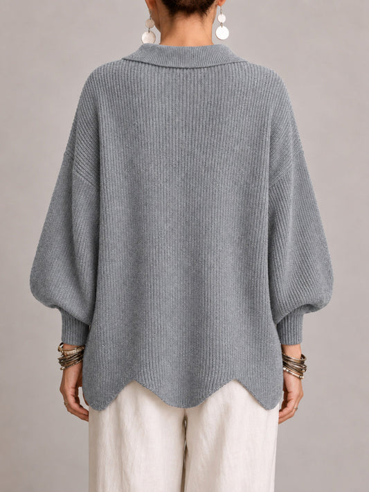 Rosana | Casaco de Malha Oversize Canelado com Remate Festonado, Cinzento