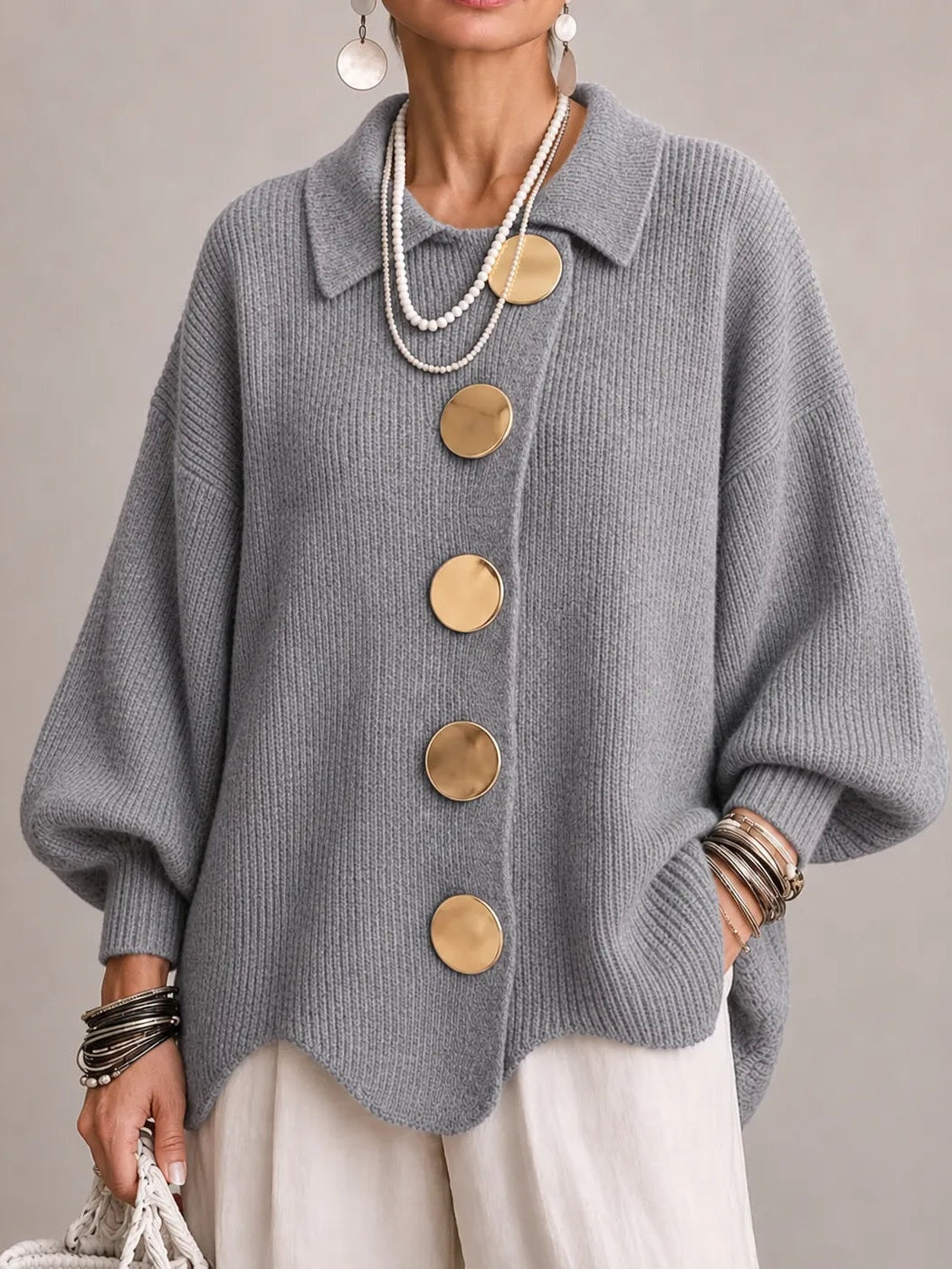 Rosana | Casaco de Malha Oversize Canelado com Remate Festonado, Cinzento