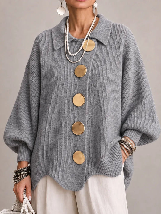 Rosana | Casaco de Malha Oversize Canelado com Remate Festonado, Cinzento