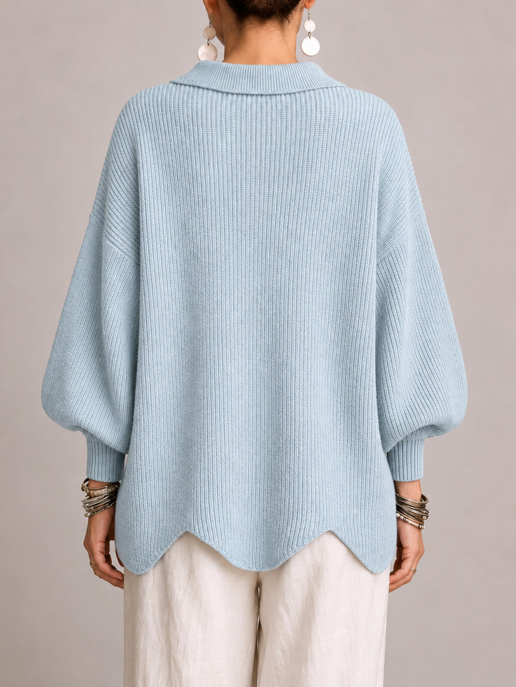 Oriana | Casaco de Malha Oversize Canelado com Remate Festonado, Azul-pó