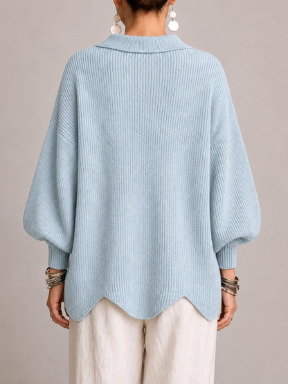 Oriana | Casaco de Malha Oversize Canelado com Remate Festonado, Azul-pó