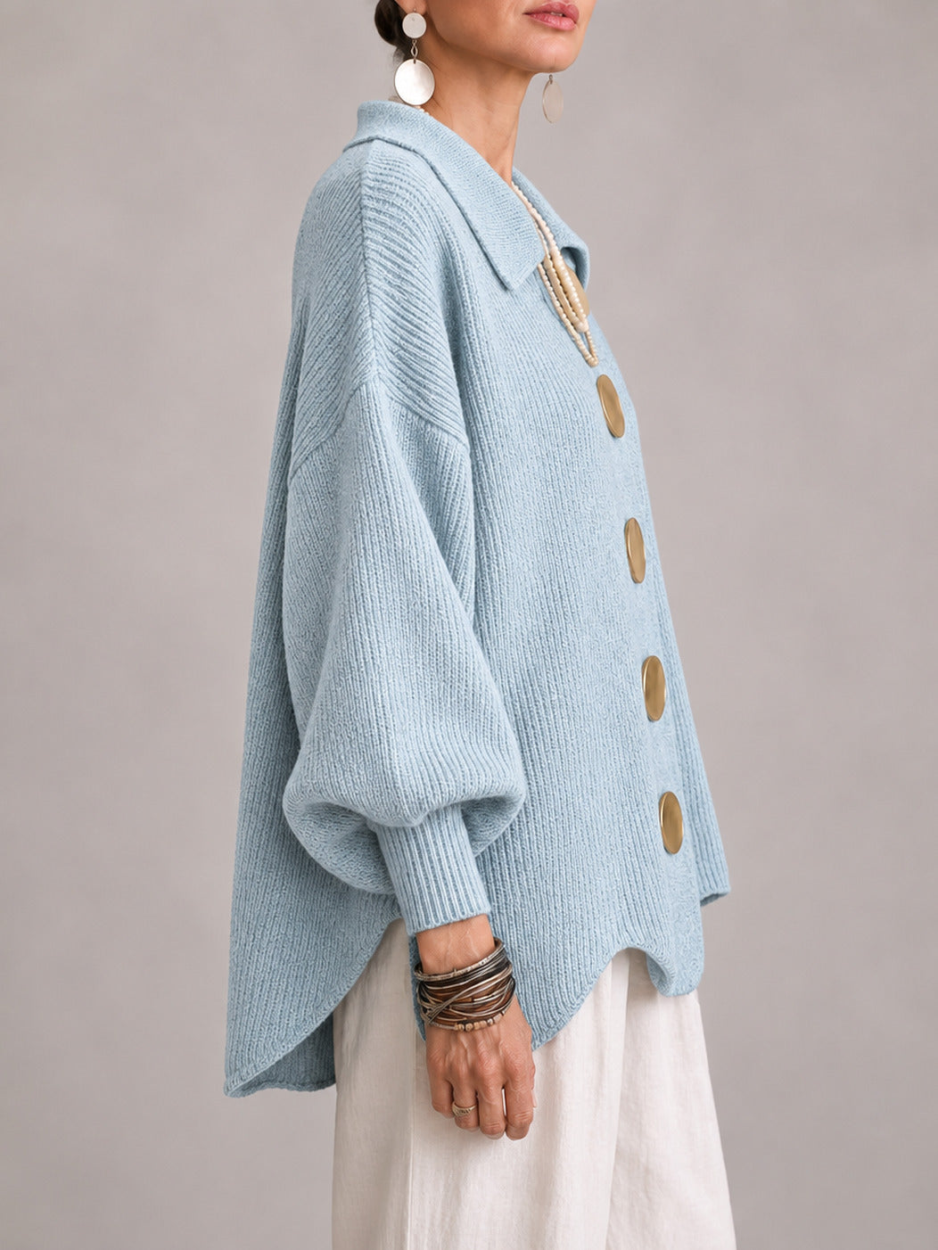 Oriana | Casaco de Malha Oversize Canelado com Remate Festonado, Azul-pó