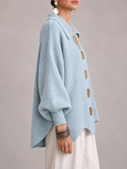 Oriana | Casaco de Malha Oversize Canelado com Remate Festonado, Azul-pó