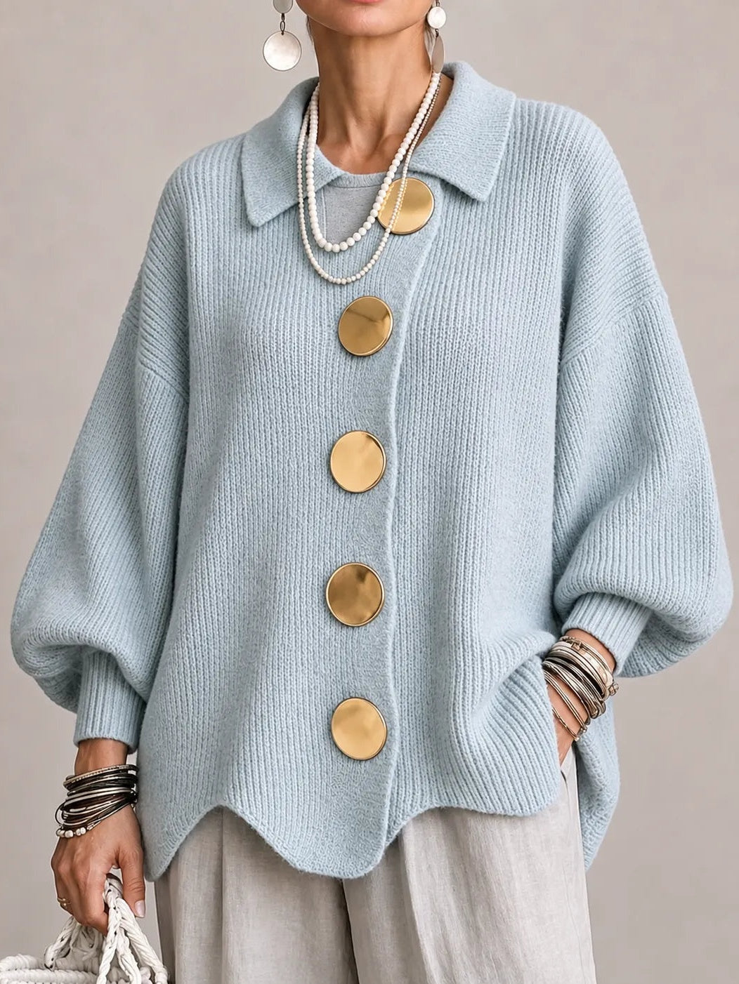 Oriana | Casaco de Malha Oversize Canelado com Remate Festonado, Azul-pó