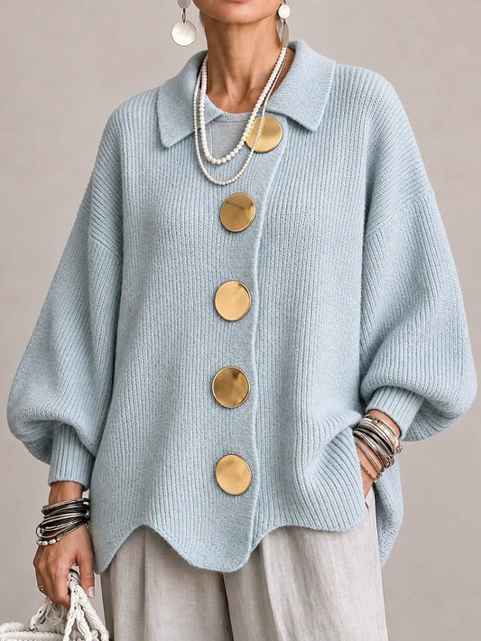 Oriana | Casaco de Malha Oversize Canelado com Remate Festonado, Azul-pó