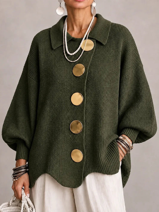 Elvira | Casaco de Malha Oversize Canelado com Remate Festonado, Verde-azeitona