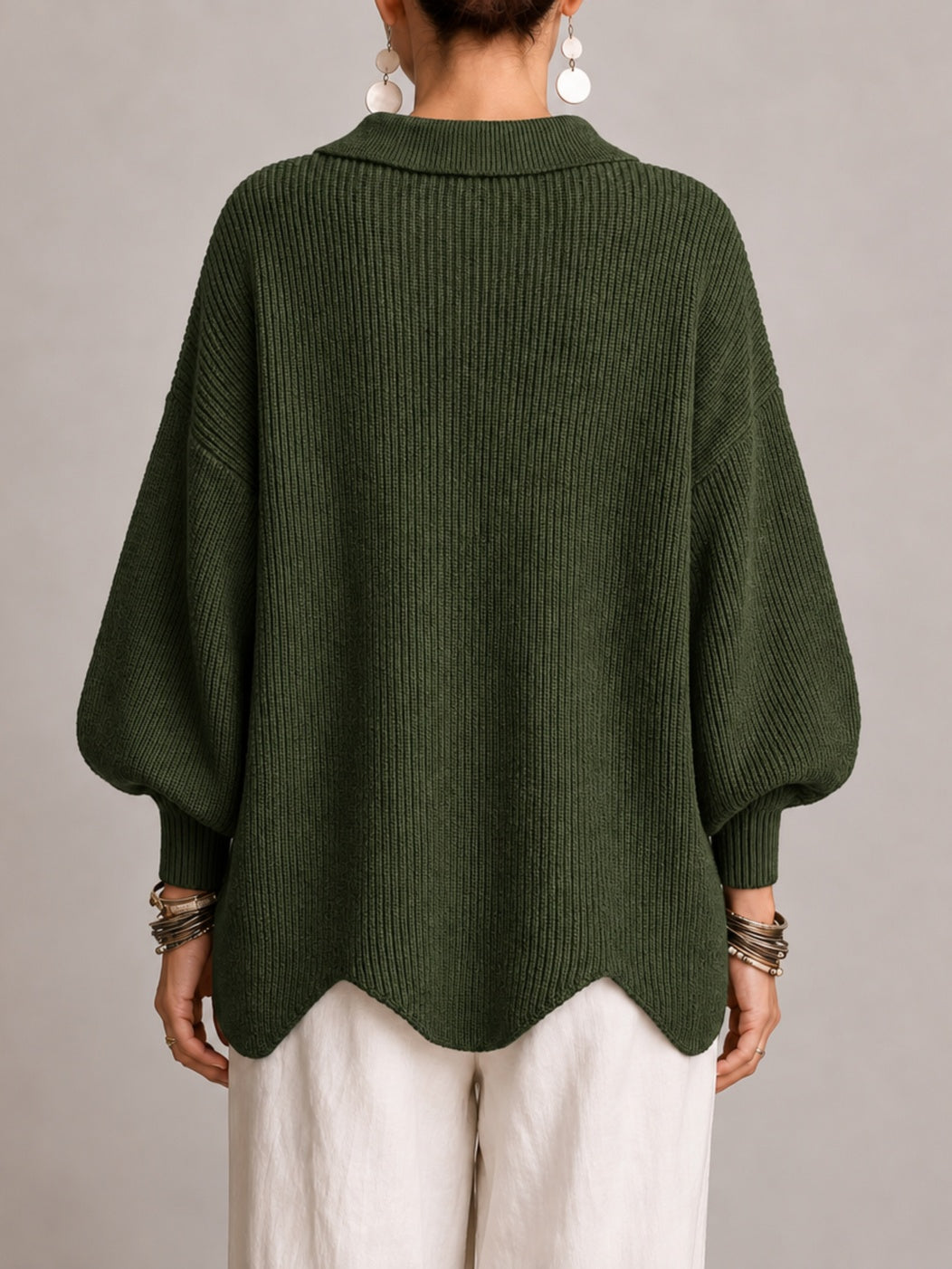 Elvira | Casaco de Malha Oversize Canelado com Remate Festonado, Verde-azeitona