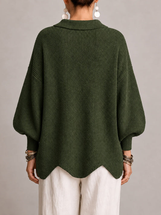 Elvira | Casaco de Malha Oversize Canelado com Remate Festonado, Verde-azeitona