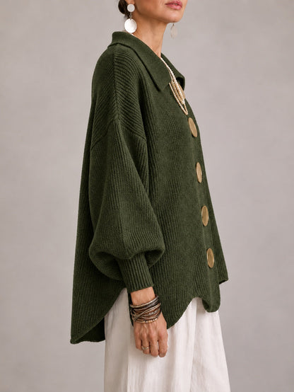 Elvira | Casaco de Malha Oversize Canelado com Remate Festonado, Verde-azeitona