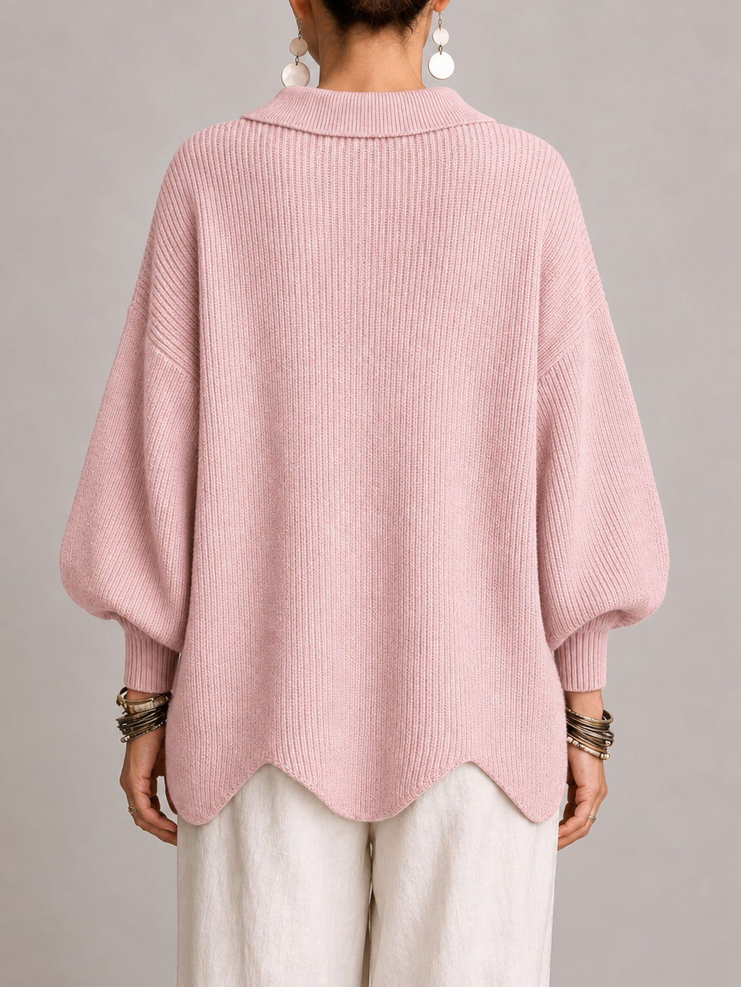 Clélia | Casaco de Malha Oversize Canelado com Remate Festonado, Rosa-pó