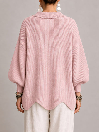 Clélia | Casaco de Malha Oversize Canelado com Remate Festonado, Rosa-pó