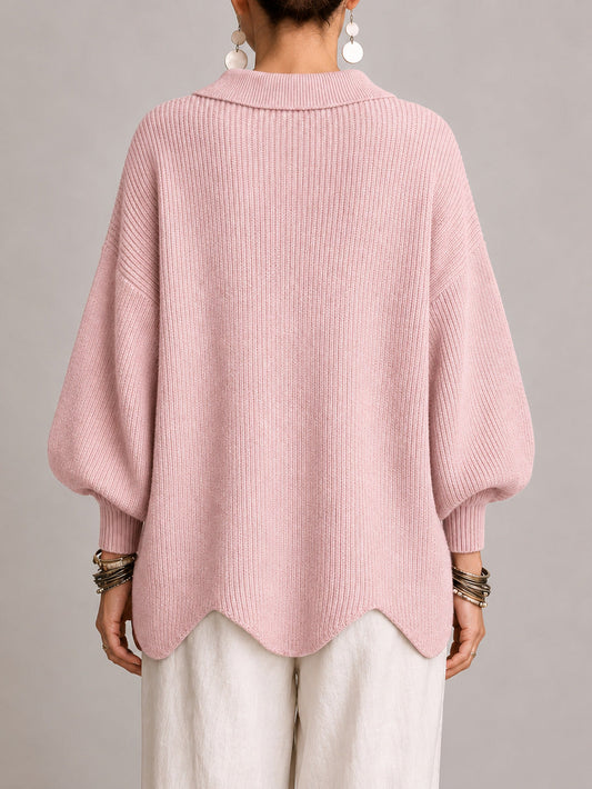 Clélia | Casaco de Malha Oversize Canelado com Remate Festonado, Rosa-pó