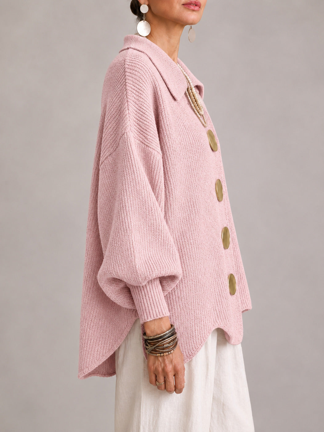 Clélia | Casaco de Malha Oversize Canelado com Remate Festonado, Rosa-pó