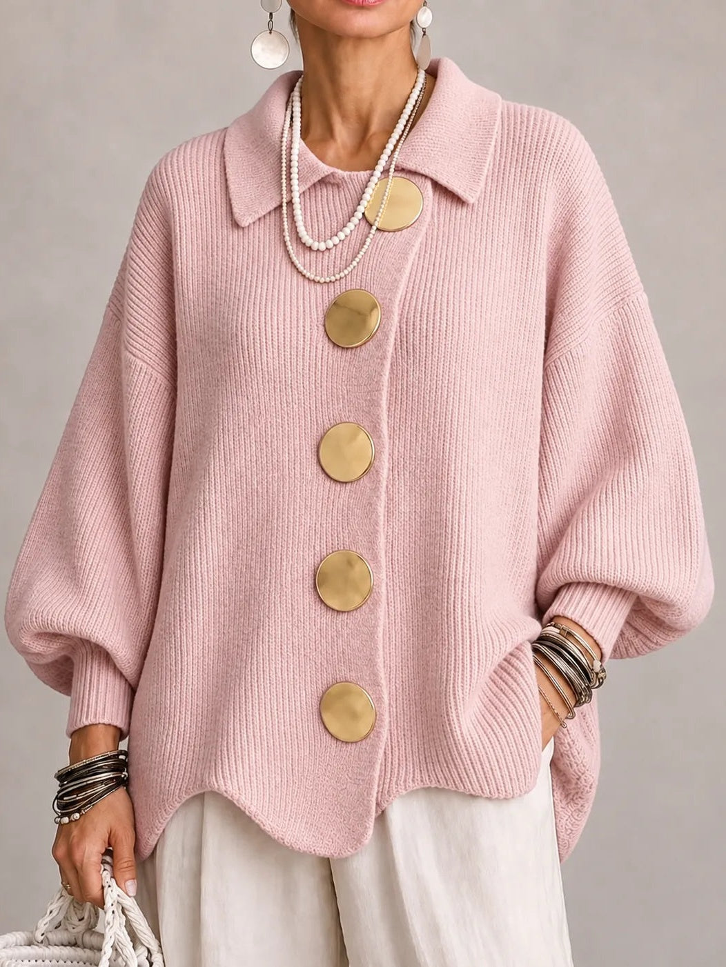 Clélia | Casaco de Malha Oversize Canelado com Remate Festonado, Rosa-pó
