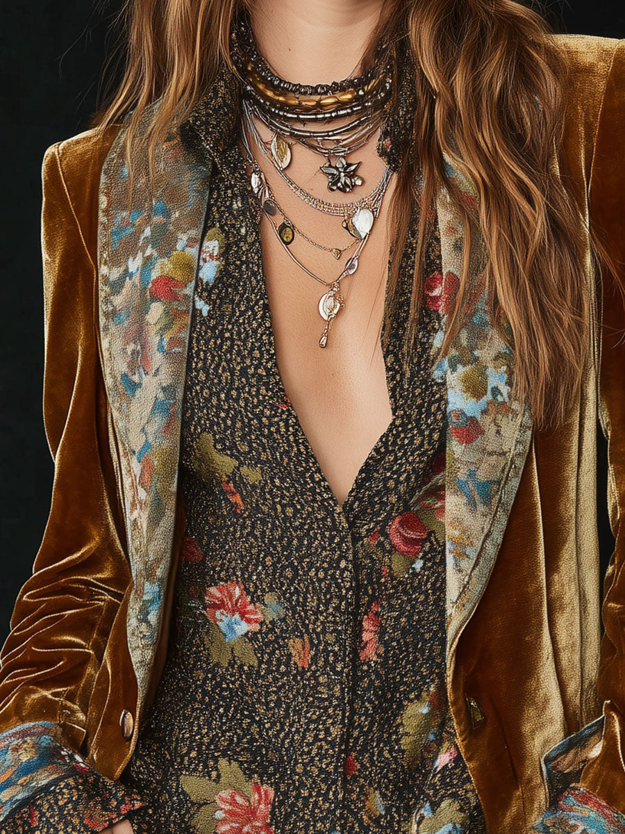 Severina | Blazer em Veludo Patchwork Floral Vintage, Mostarda
