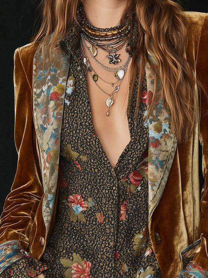 Severina | Blazer em Veludo Patchwork Floral Vintage, Mostarda