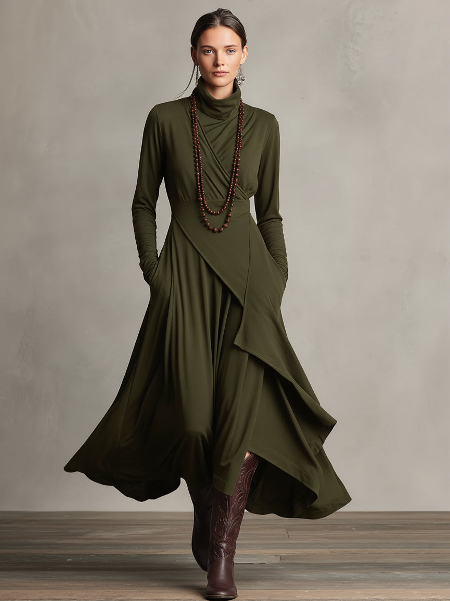 Diletta | Vestido Maxi Boémio em Algodão com Gola Alta e Drapeado Assimétrico