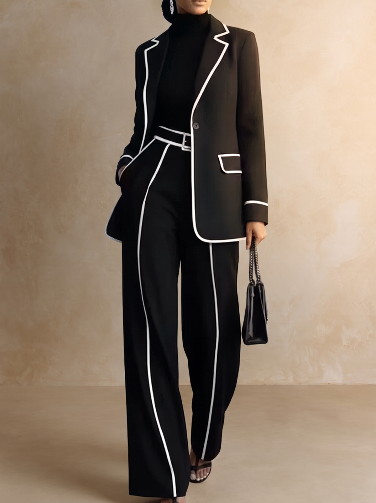 Clementina | Conjunto Blazer e Calças com Debruns em Contraste, Preto
