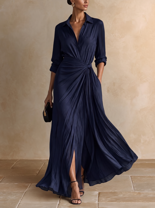 Allegra | Vestido Chemisier Maxi com Nó na Cintura, Azul-marinho