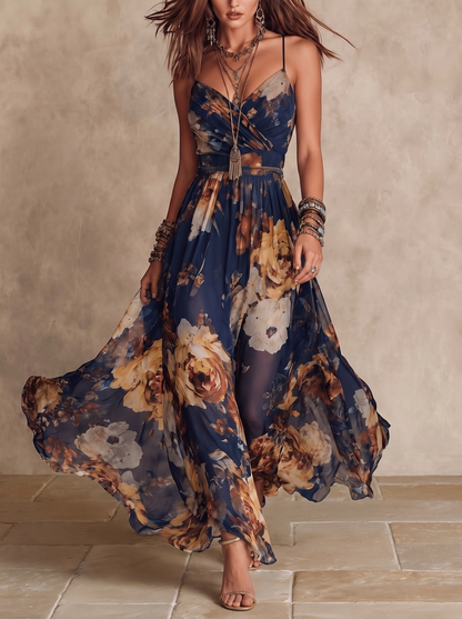 Melissa | Vestido Maxi em Chiffon Floral com Alças Finas, Azul-marinho
