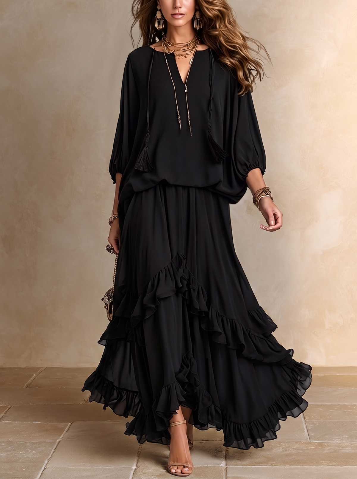 Annalisa | Conjunto Top em Chiffon e Saia de Folhos, Preto