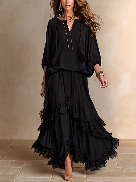 Annalisa | Conjunto Top em Chiffon e Saia de Folhos, Preto