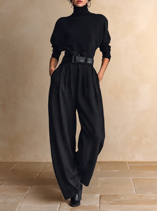 Jolanda | Conjunto Camisola de Gola Alta e Calças com Cinto, Preto