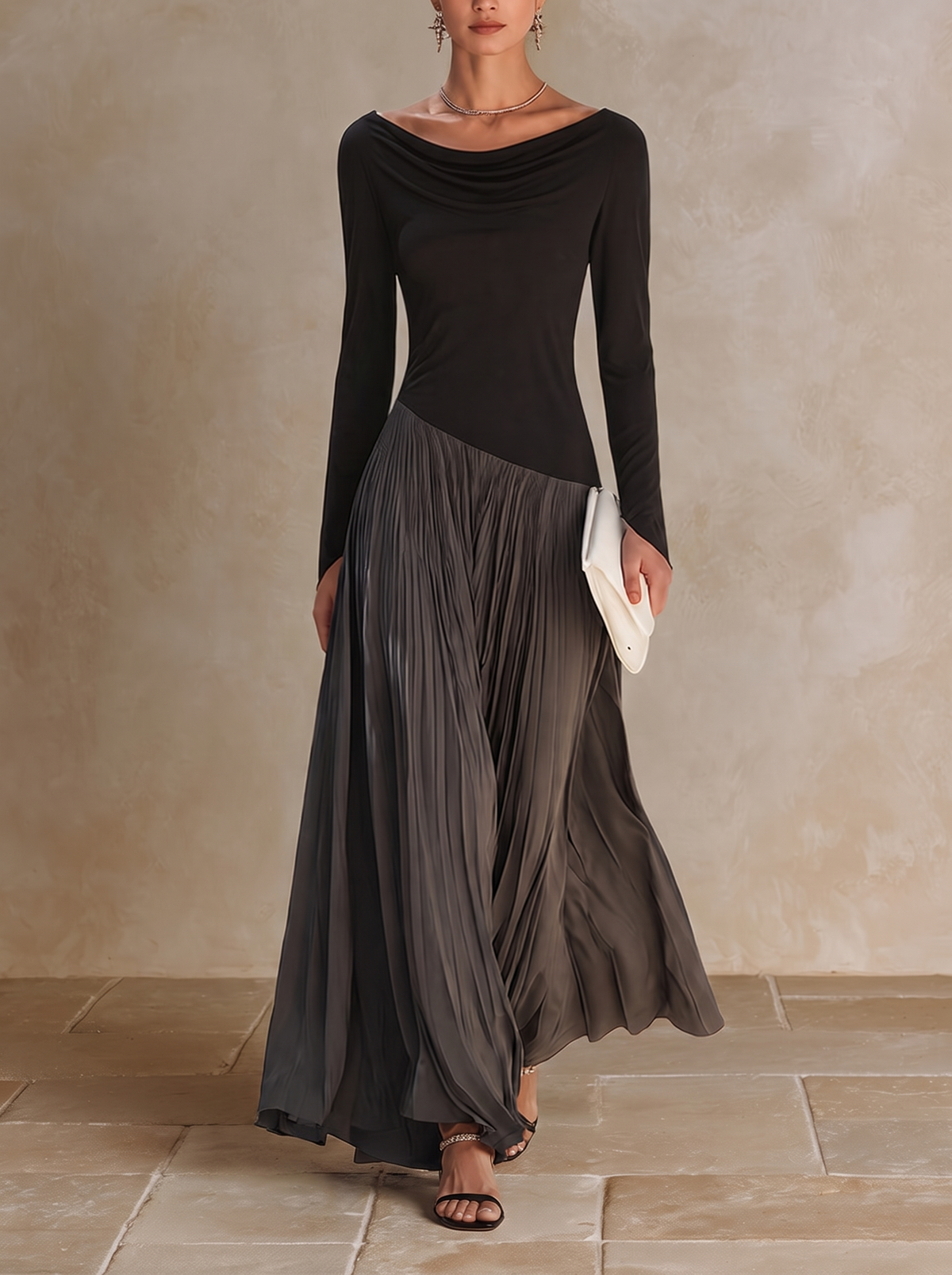 Virgínia | Vestido Maxi Plissado com Gola Drapeada, Preto e Cinzento