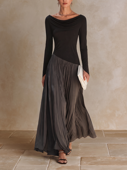 Virgínia | Vestido Maxi Plissado com Gola Drapeada, Preto e Cinzento
