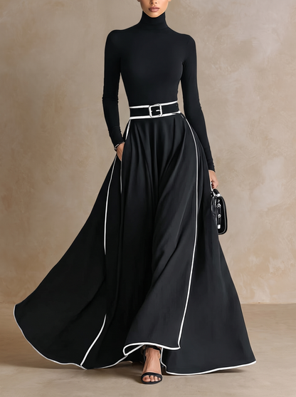 Susana | Vestido Maxi com Debruns em Contraste e Cinto