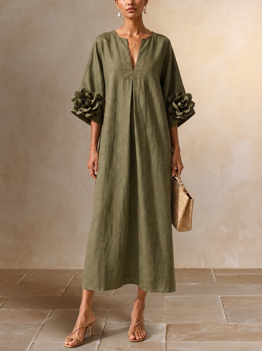 Floriana | Vestido Midi com Flores Aplicadas nas Mangas, Verde-azeitona