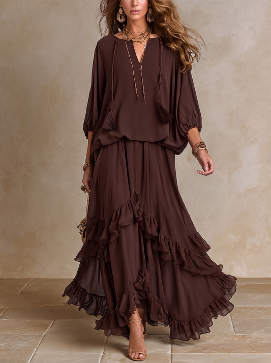 Dalila | Conjunto Top em Chiffon e Saia de Folhos, Chocolate