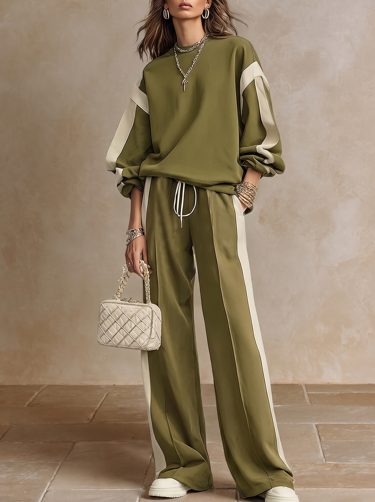 Romina | Conjunto Sweatshirt e Calças com Banda Lateral, Verde-azeitona