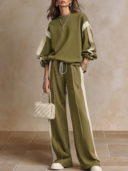 Romina | Conjunto Sweatshirt e Calças com Banda Lateral, Verde-azeitona