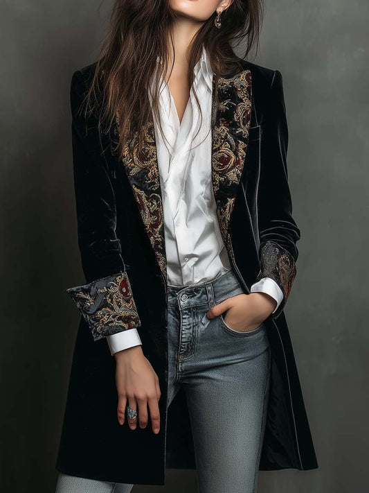 Leontina | Blazer Comprido em Veludo com Lapelas em Brocado Dourado, Preto
