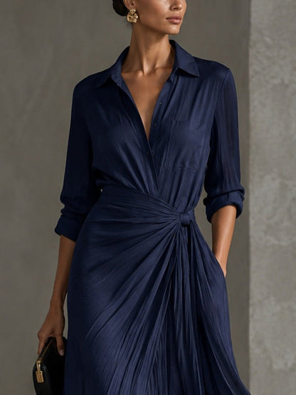 Allegra | Vestido Chemisier Maxi com Nó na Cintura, Azul-marinho