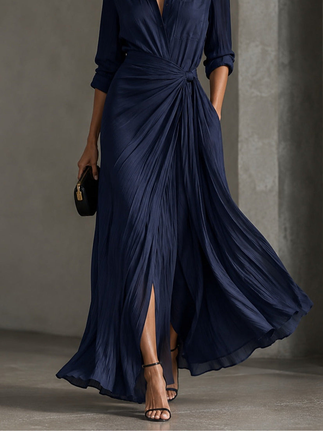 Allegra | Vestido Chemisier Maxi com Nó na Cintura, Azul-marinho