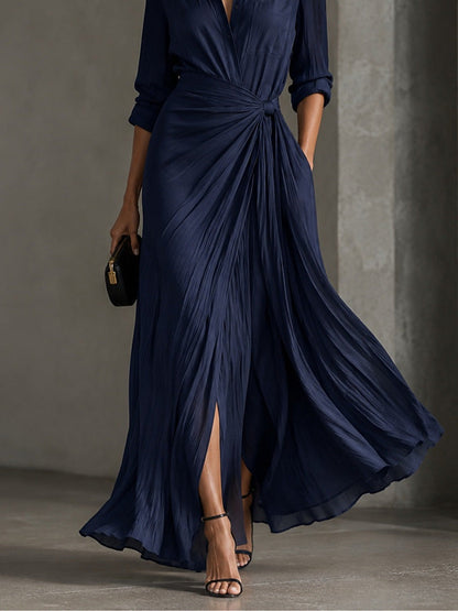 Allegra | Vestido Chemisier Maxi com Nó na Cintura, Azul-marinho