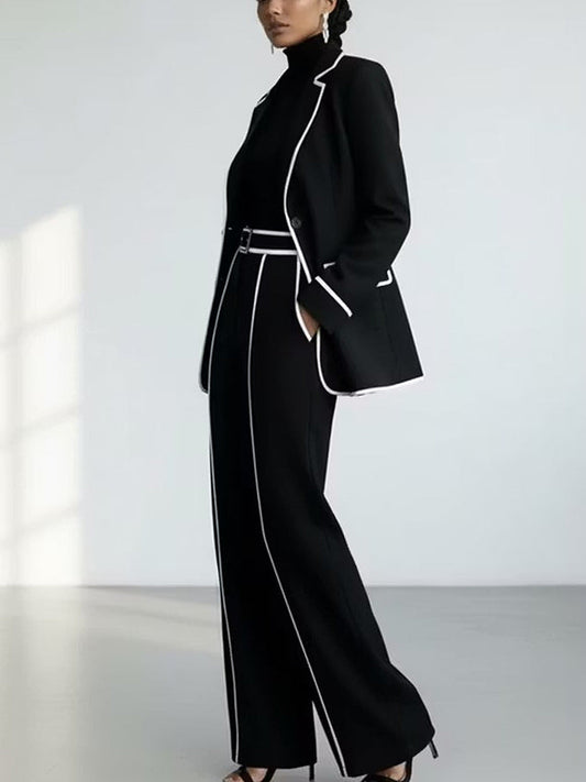 Clementina | Conjunto Blazer e Calças com Debruns em Contraste, Preto
