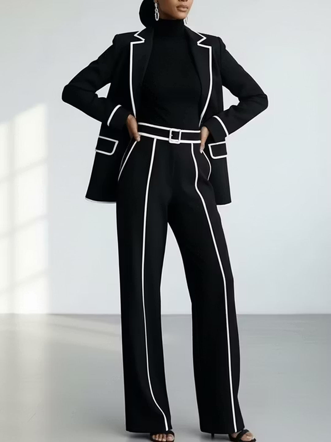 Clementina | Conjunto Blazer e Calças com Debruns em Contraste, Preto