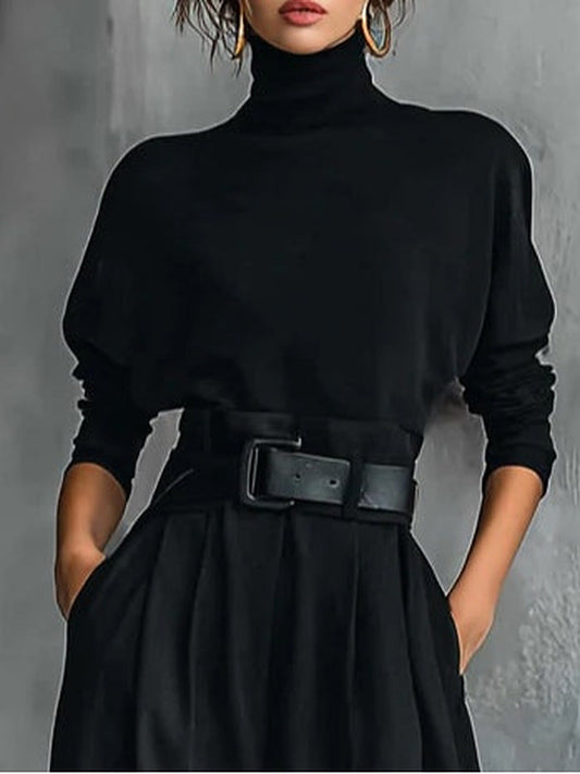 Jolanda | Conjunto Camisola de Gola Alta e Calças com Cinto, Preto