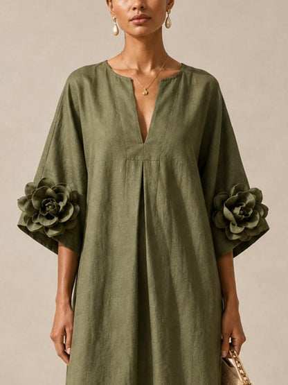 Floriana | Vestido Midi com Flores Aplicadas nas Mangas, Verde-azeitona