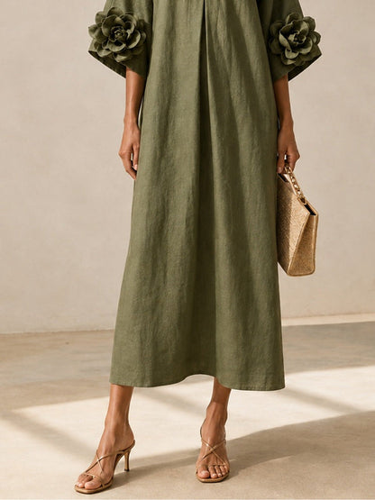 Floriana | Vestido Midi com Flores Aplicadas nas Mangas, Verde-azeitona